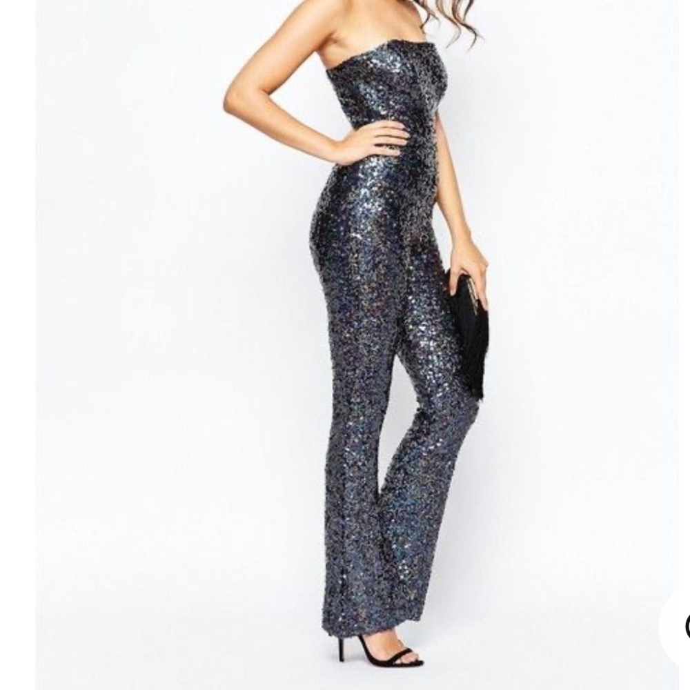 French Connection Lunar Sparkle Jumpsuit sequin size 4 small New Years flare leg